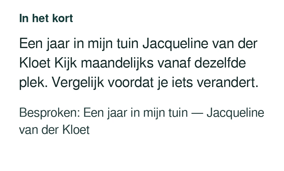 Een jaar in mijn tuin Jacqueline van der Kloet Kijk maandelijks vanaf dezelfde plek. Vergelijk voordat je iets verandert. Besproken: Een jaar in mijn tuin — Jacqueline van der Kloet.